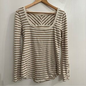 Free People Long Sleeve Boho Crochet Sleeve Top Cream Brown Striped Size L